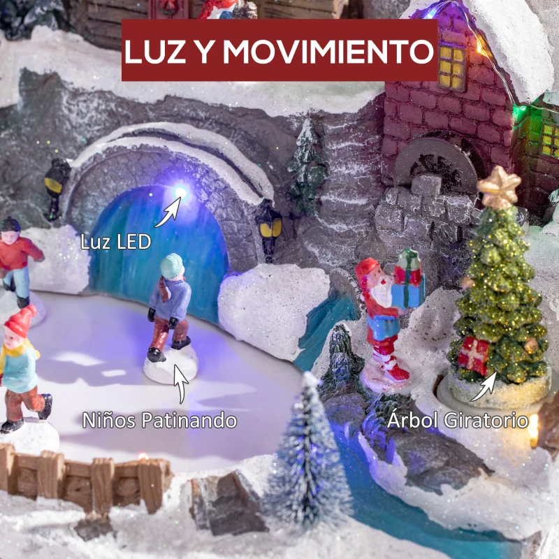 HOMCOM Pueblo Navideño Escena Navideña con Luces LED y Árbol Giratorio Decoración de Navidad 32x25,5x24 cm Multicolor