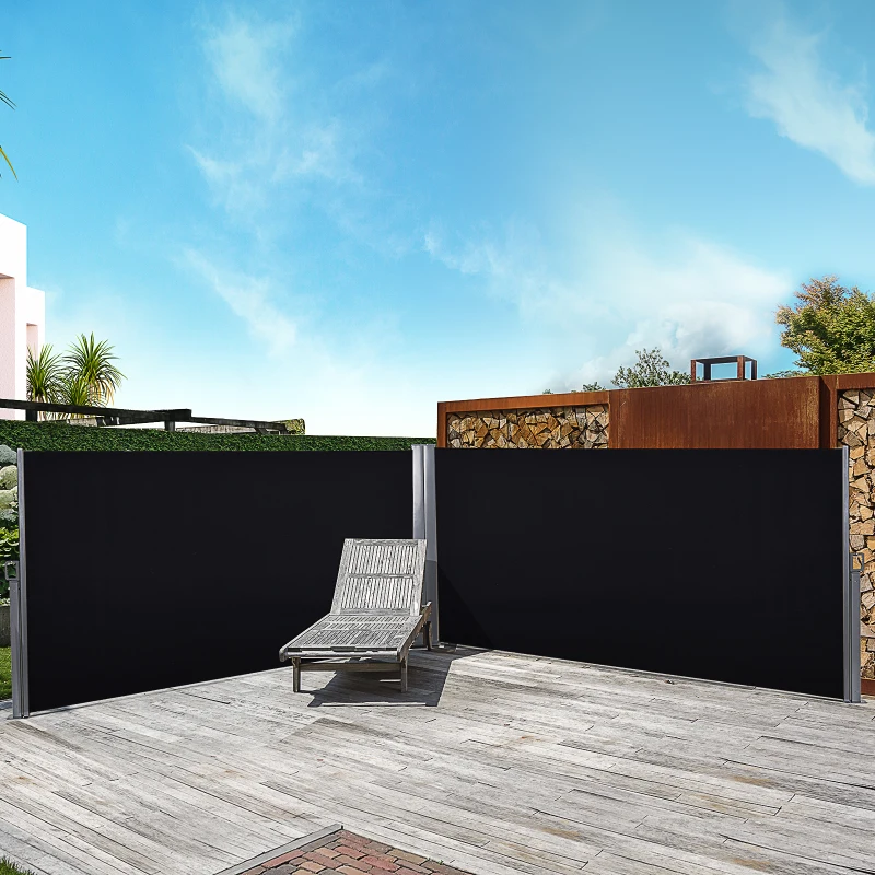 Outsunny 600 x 180 cm (HxL) Retractable Awning Double Canopy Side Privacy Protection Sun Shade Side Blind w/ Steel Frame Versatile Use In Garden Patio - Black