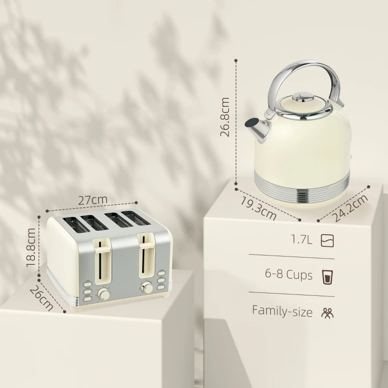 HOMCOM Polished Stainless Steel Kettle and Toaster Set - Cream