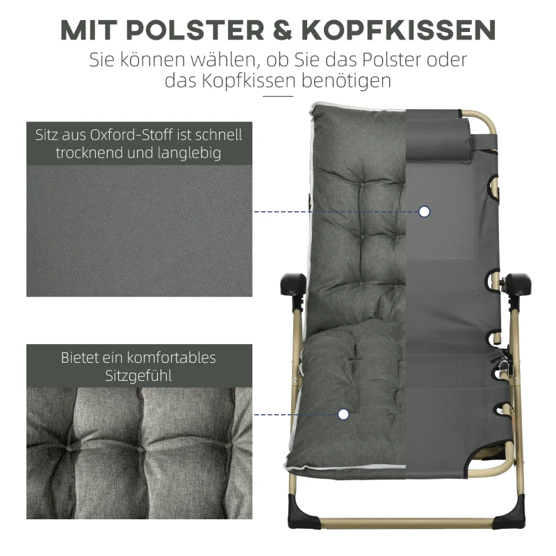 Outsunny Sonnenliege, 7-stufig verstellbar, inkl. Kopfstütze und Kissen, 68 cm x 127 cm x 109 cm, Grau + Beige