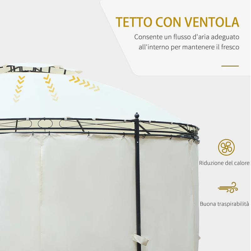 Outsunny Gazebo da Giardino Rotondo con Doppio Tettuccio, Cinghie e Tende, Ø3.5x2.8m, Bianco