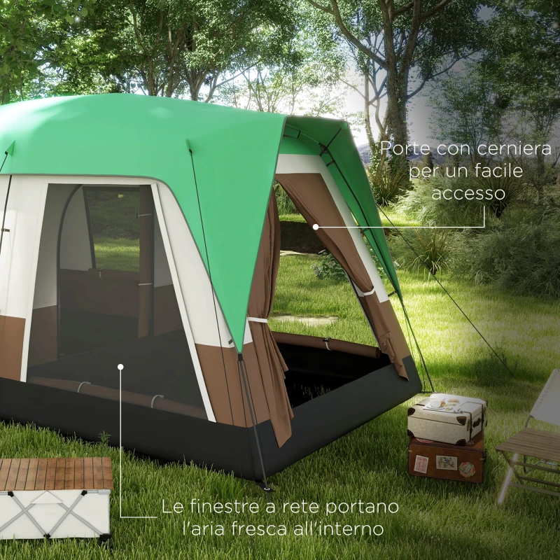 Outsunny Tenda da Campeggio 4 Posti a Tunnel Impermeabile con Finestre a Rete, in Poliestere, 490x305x225 cm, Verde