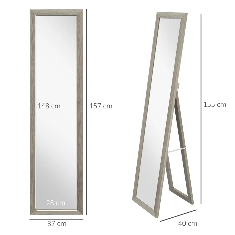 HOMCOM Miroir sur pied mural ou à poser rectangulaire avec cadre en bois pour salon chambre à coucher 37 x 155 cm gris