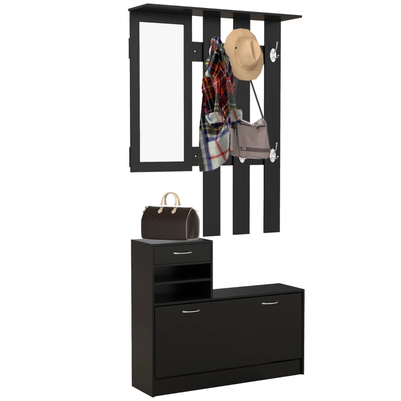 HOMCOM Ensembles 3 en 1 de meuble d'entrée vestiaire avec panneau porte-manteau, miroir et banc à chaussures - 6 crochets et étagère réglable, noir