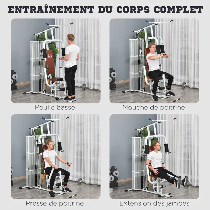 HOMCOM Station de musculation entrainement complet développé couché butterfly barre latissimus curler bande résistance 10 contrepoids 45 kg avec filet de protection acier blanc et marron