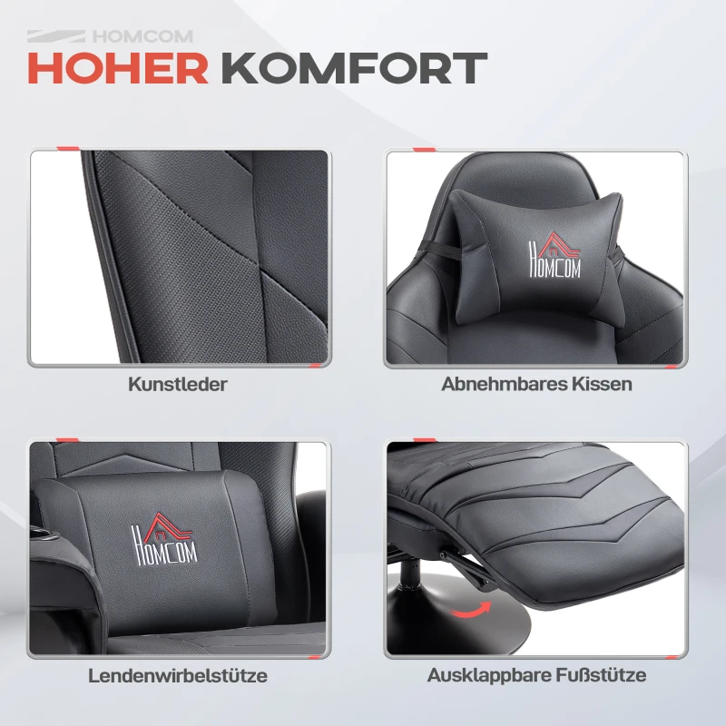 HOMCOM Gamingsessel, Massagefunktion, neigbare Lehne, Fußstütze, bis 120 kg, Stahlrahmen, Kunstleder, Schwarz(m-6)