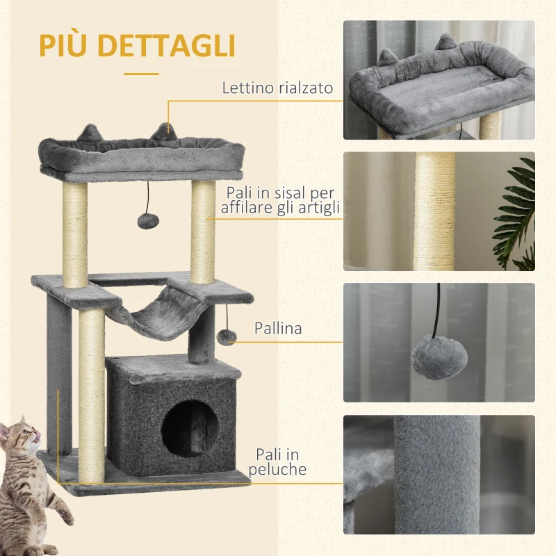 PawHut Albero Tiragraffi con Corde Sisal, Casetta e Amaca, Rivestimento Peluche e Feltro, Altezza 100cm, Grigio