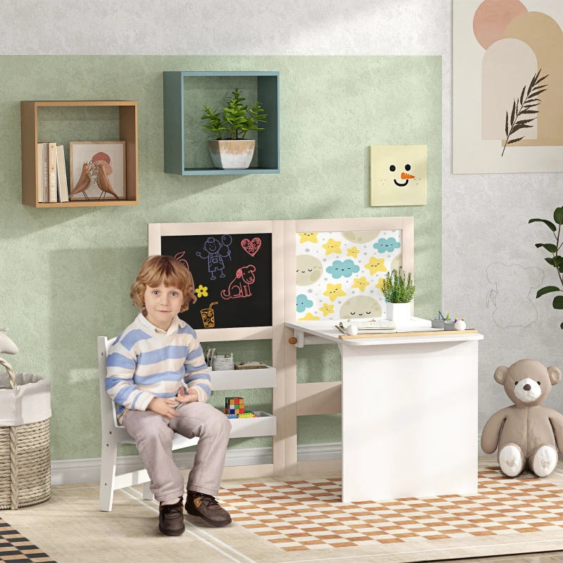 AIYAPLAY Mesa Infantil con Silla y Caballete Plegable Mesa para Niños de +3 Años con Estantes y Rollo de Papel Blanco