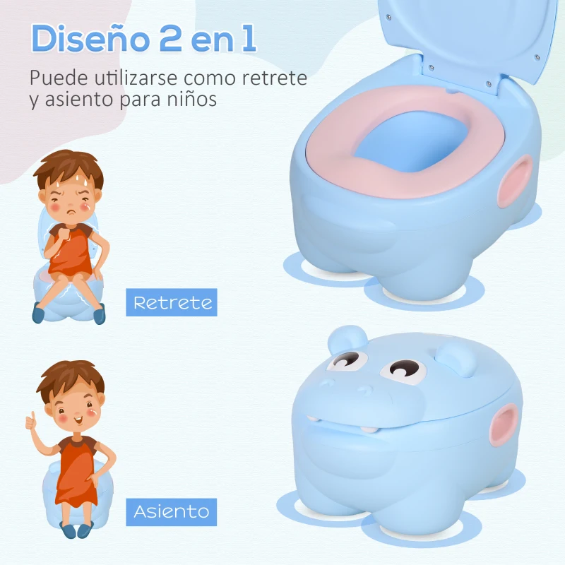 HOMCOM Orinal Infantil con Forma de Hipopótamo con Asas para Niños a partir de 6 Meses Inodoro de Aprendizaje 40x30x23 cm Azul