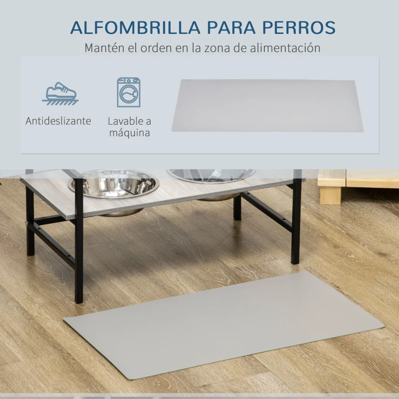 PawHut Comedero Elevado para Perros con Altura Ajustable 2 Cuencos Tapete y Alimentador Lento 60x33x10-31,5 cm Gris