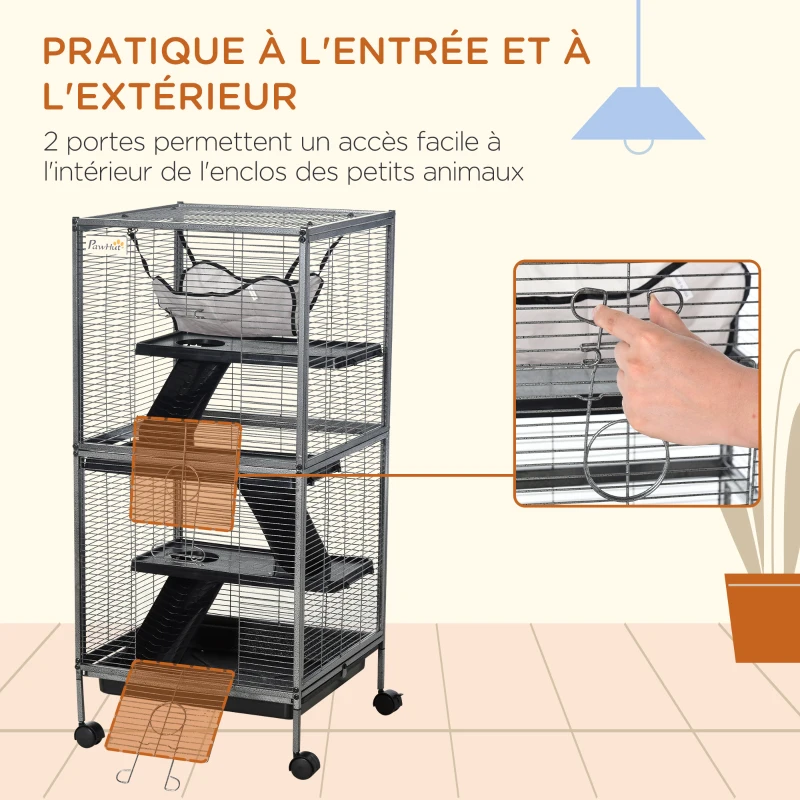 PawHut Cage pour Petits Animaux Portable à 4 Niveaux Cage Chinchilla Cage Furet avec Roulettes, 2 Portes, 3 Rampes, Hamac et Plateau Amovible, 52 x 52 x 113,5 cm Gris