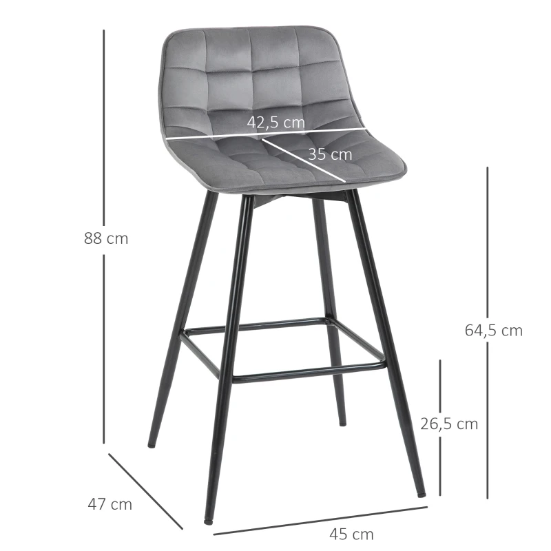 HOMCOM Lot de 2 tabourets chaises de bar design en velours capitonné et métal hauteur 64,5 cm - gris