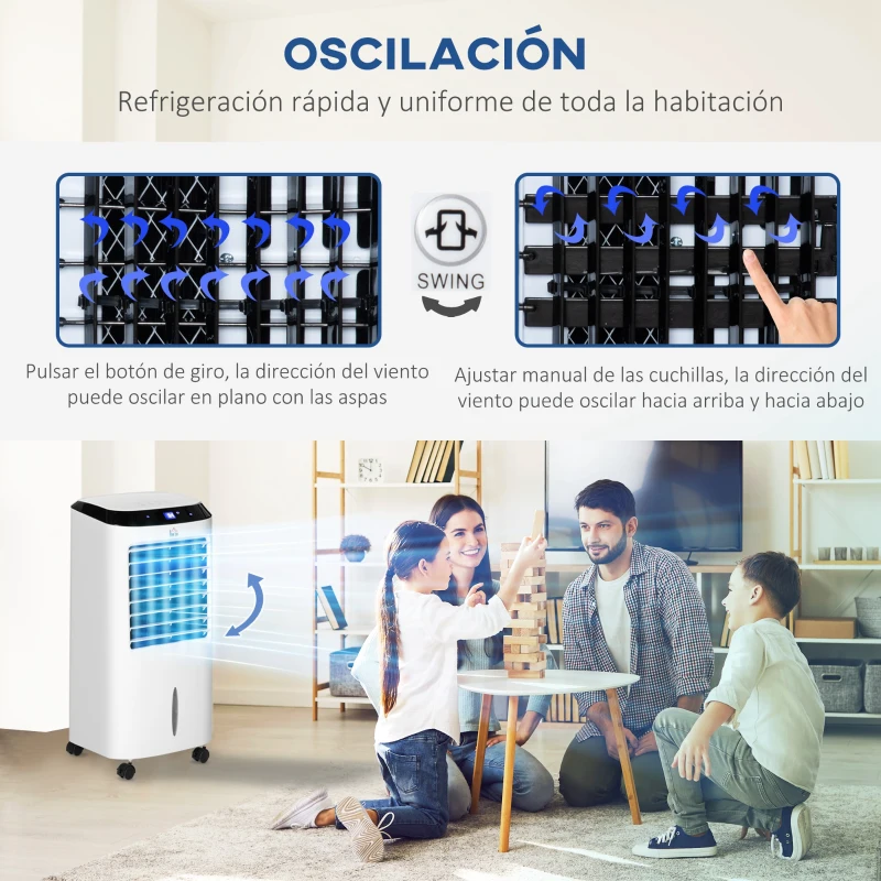 HOMCOM Climatizador Evaporativo Enfriador de Aire Portátil 10L Humidificador Ventilador 60W Pantalla LED 38,2x31,6x76 cm Blanco