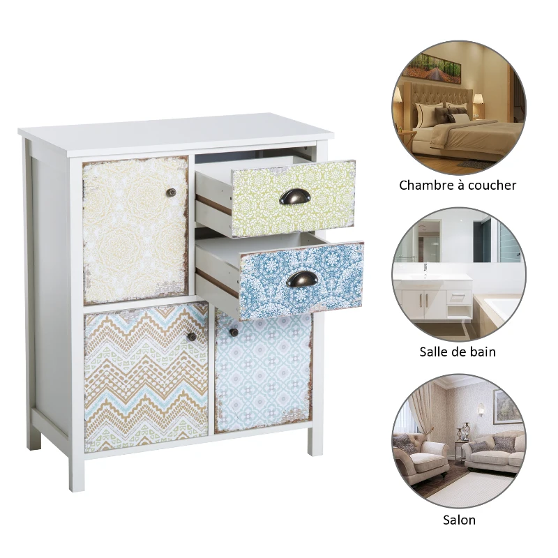 Commode style néo-rétro graphique 3 placards porte + 2 tiroirs blanc