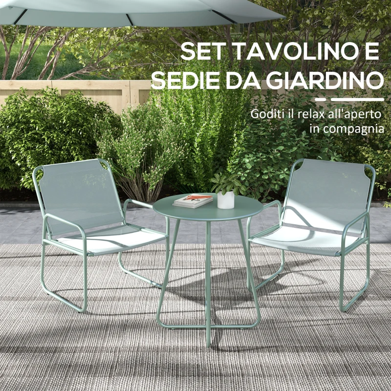 Outsunny Set da Giardino con Tavolo Rotondo e 2 Sedie in Acciaio e Tessuto a Rete Traspirante, Verde