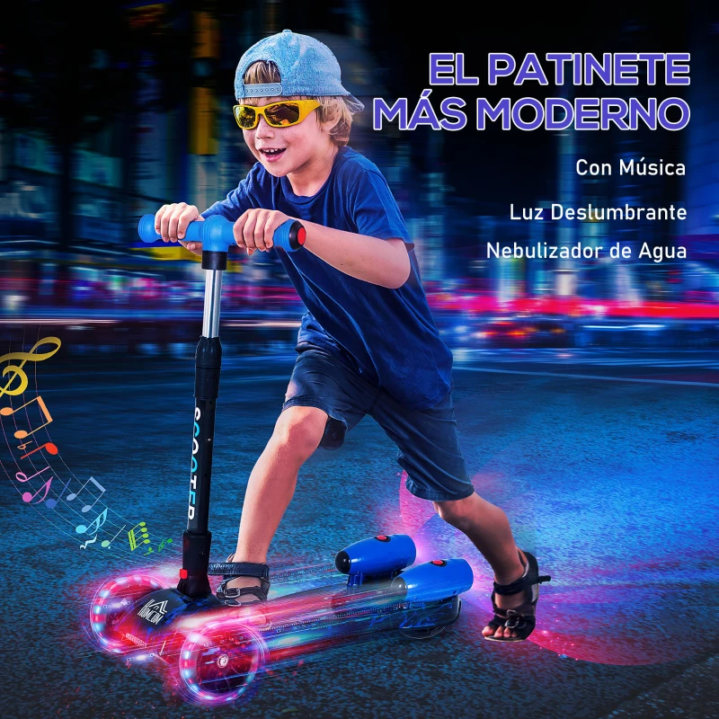 HOMCOM Patinete para Niños Scooter Plegable con Altura Ajustable de 4 Niveles y Música Luces y Nebulizador de Agua +3 Años 62x27x63-81 cm Azul