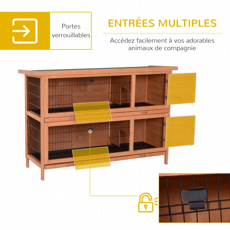PawHut Clapier sur pieds cage à lapin double niveau plateaux excréments coulissants 4 portes verrouillables dim. 137L x 50l x 93H cm bois massif pin toit bitumé vert