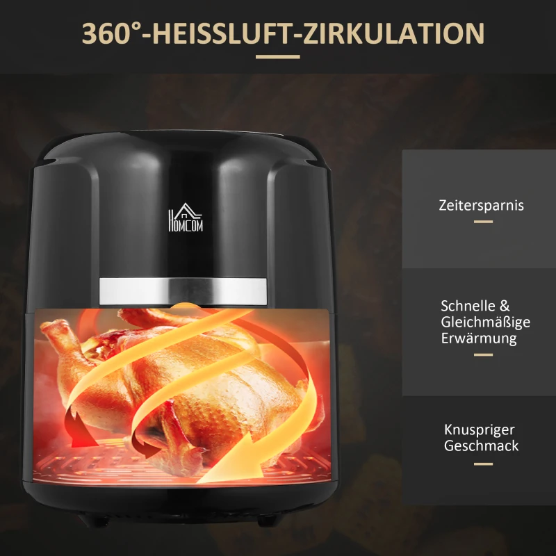 HOMCOM Heißluftfritteuse 4L, 12 Programme, 80-200° C Temperatur, Antihaftbeschichtung, Schwarz