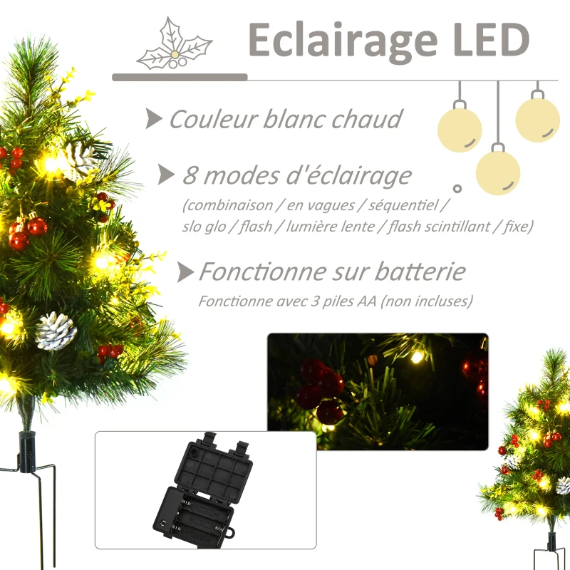 HOMCOM Sapins de Noël artificiel 75 cm - lot de 2 sapins LED - 8 modes réglable d'éclairage - 70 branches - décoration incluse - installation extérieur