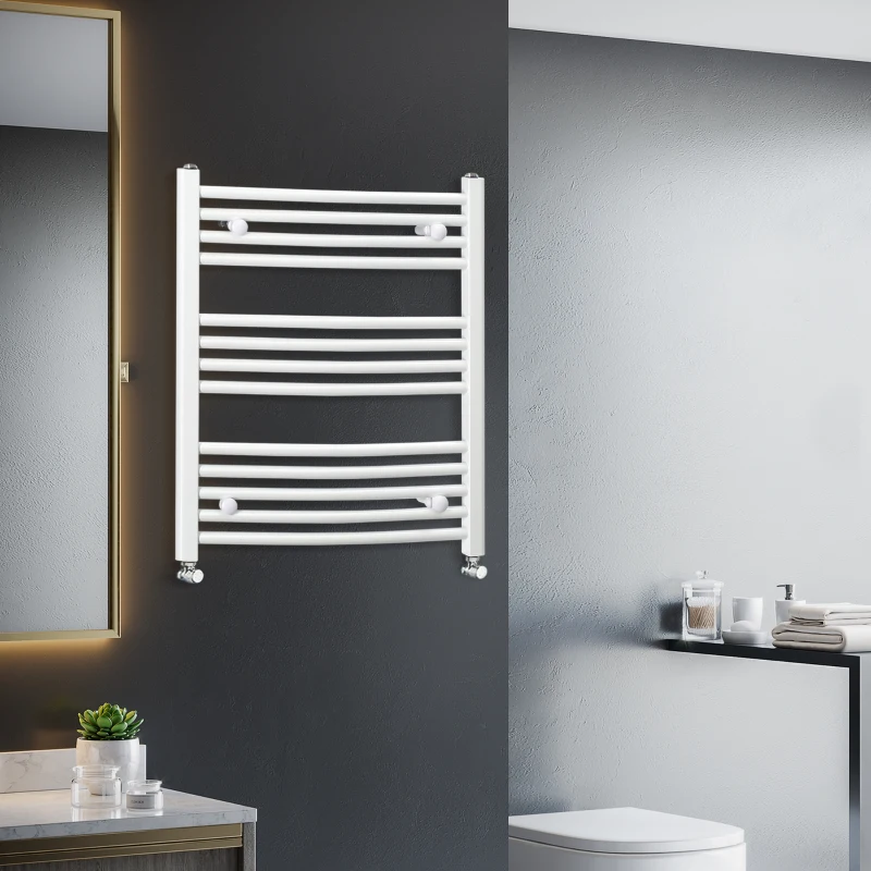 HOMCOM Curved Heated Towel Rail, Hydronic Bathroom Ladder Radiator Towel Warmer For Central Heating 600mm x 700mm, White