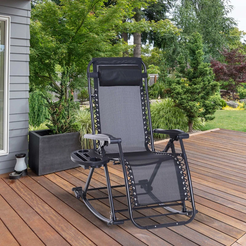 Outsunny Foldable Garden Rocking Chair, Outdoor Recliner Sun Lounger with Breath Mesh Fabric, Zero-Gravity Seat with Headrest, Cup Holder Tray, Black