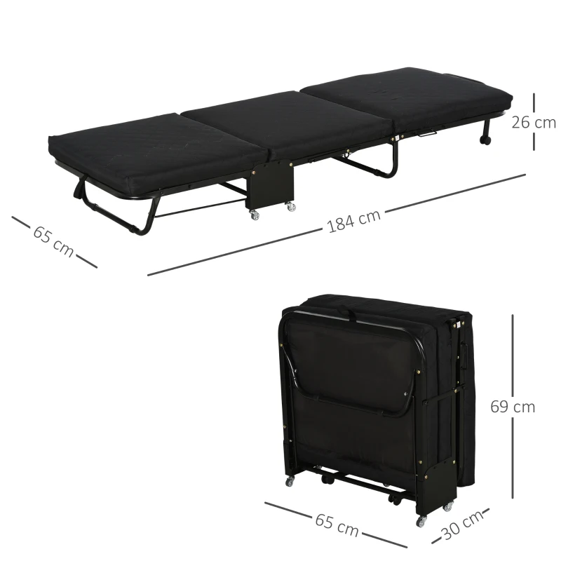 HOMCOM Cama Abatible 184x65 cm con Cabecera Ajustable Ruedas Universales y Estructura de Metal Carga Máx. 120 kg Negro