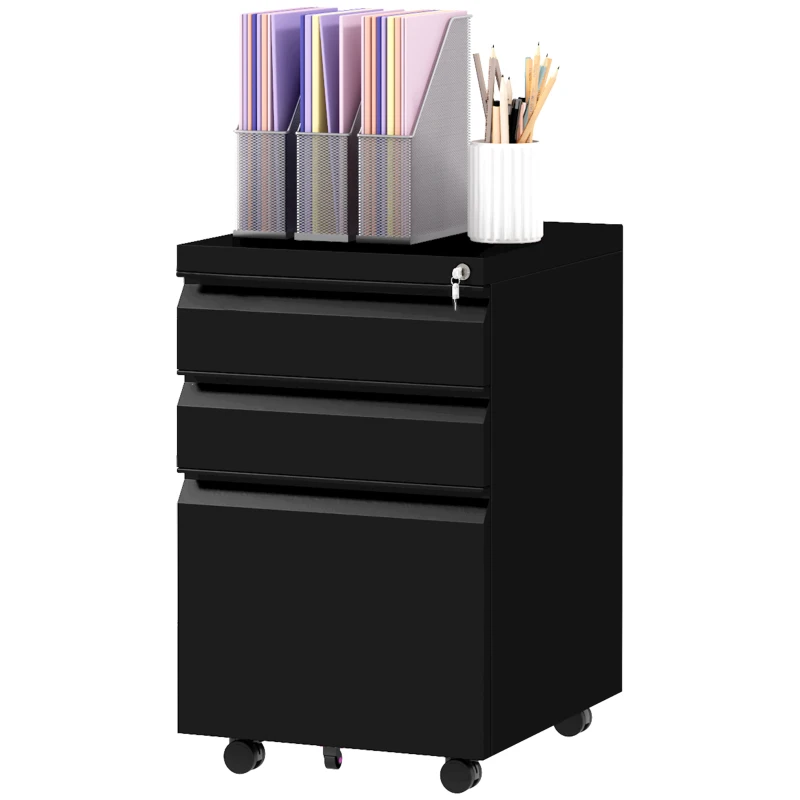 Vinsetto 3-Drawer Filing Cabinet with Lock, Mobile Steel File Cabinet for A4, Legal and Letter Size, Under Desk Drawers with Pre-Assembled Body for Home Office, 37 x 43.5 x 60 cm, Black