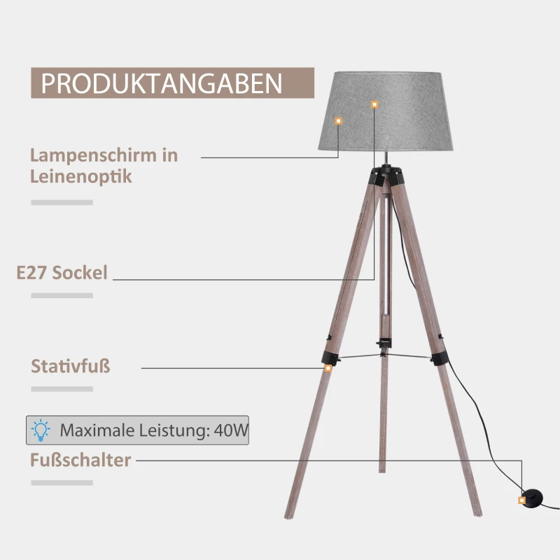HOMCOM Stehlampe im Skandidesign,  Stehleuchte, Dreibeingestell, höhenverstellbar