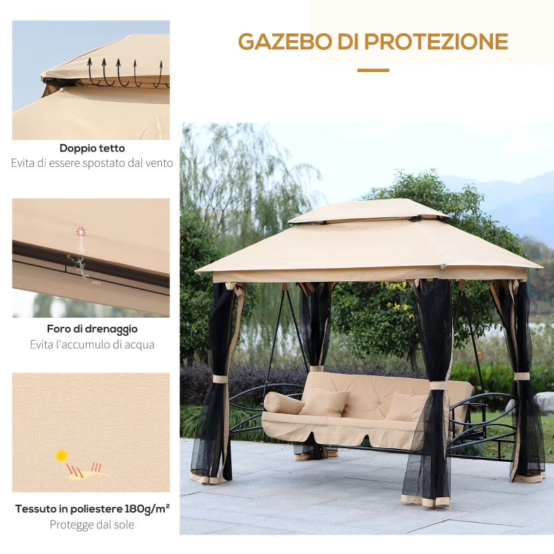 Outsunny Dondolo da Giardino 3 Posti Lettino e Gazebo Design 3 in 1 con Tettuccio, 256x172x248cm, Beige