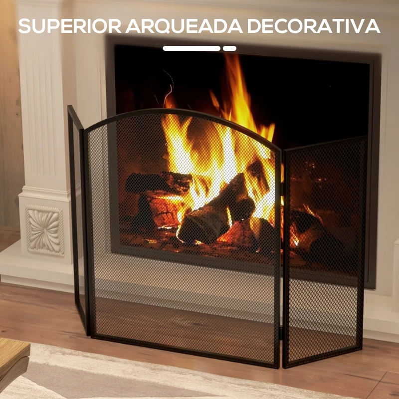 HOMCOM Protector de Chimenea Plegable de 3 Paneles Pantalla de Chimenea con Estructura de Acero 96x62 cm Negro