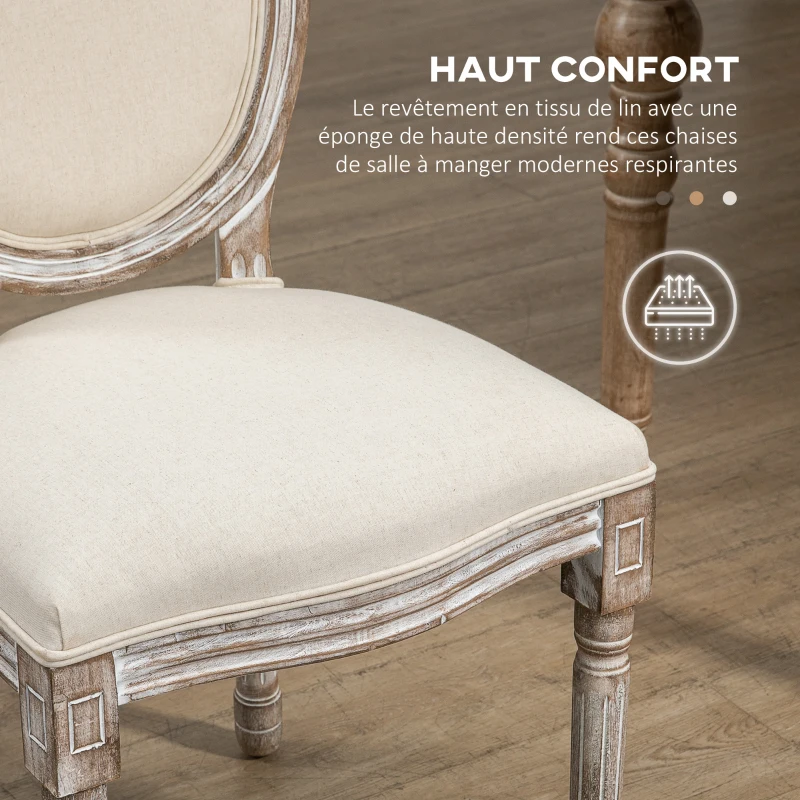 HOMCOM Lot de 2 chaises de Salle à Manger - Chaise de Salon médaillon Style Louis XVI - Bois Massif sculpté, patiné - Aspect Lin écru