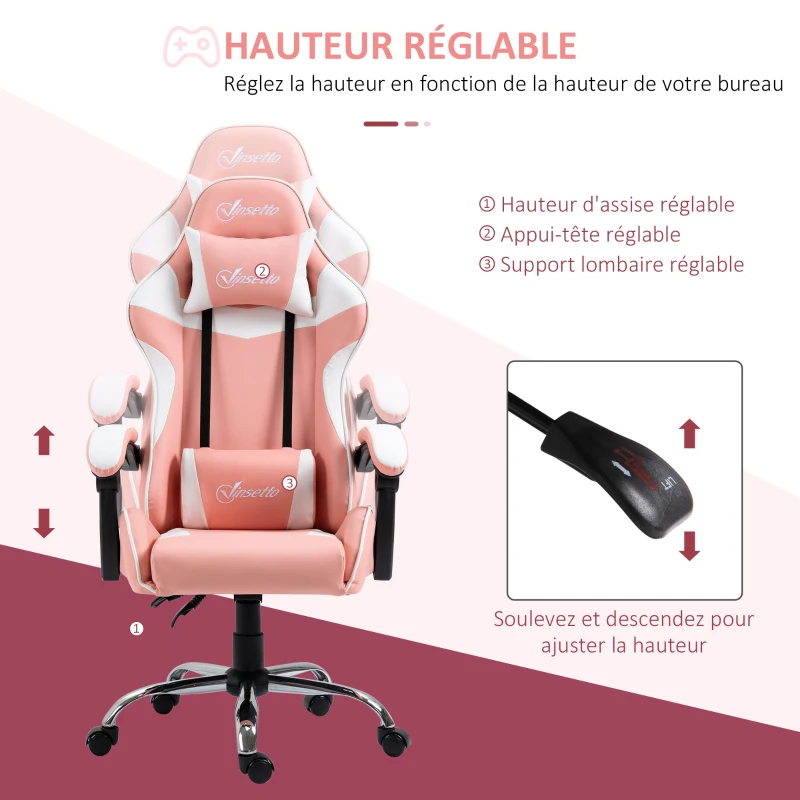 Vinsetto Chaise gaming fauteuil de bureau chaise gamer avec appui-tête ergonomique hauteur réglable dossier inclinable jusqu'à 135° 63 x 67 x 119-127 cm rose