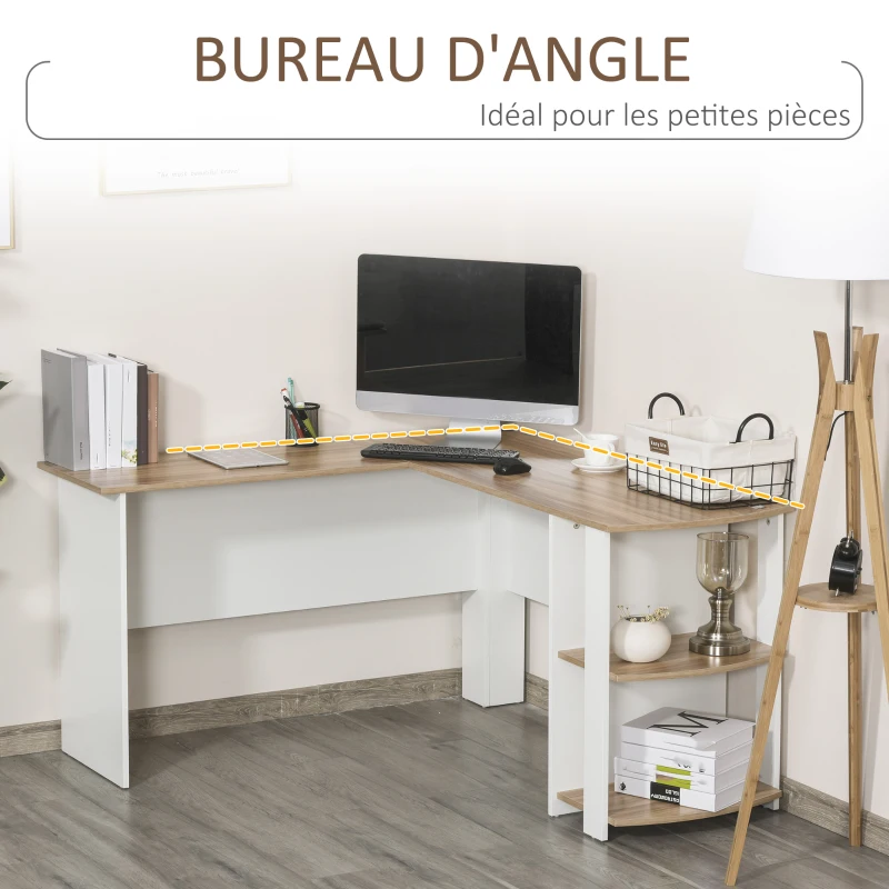 HOMCOM Bureau informatique bureau d'angle contemporain avec étagères en panneaux de particules idéal pour maison dortoir 136 x 130 x 72 cm bicolore imitation noyer clair blanc