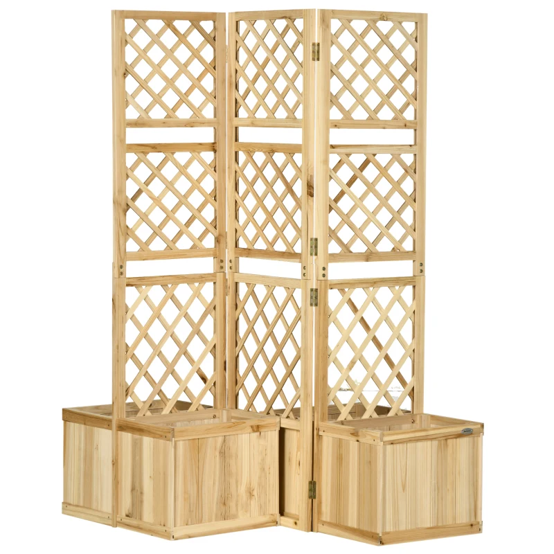 Outsunny Biombo Exterior de 3 Paneles de Madera con 4 Jardineras Separador de Ambientes 133x62x165 cm Natural