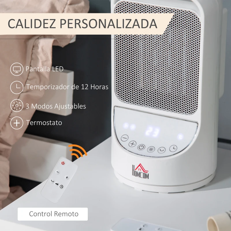 HOMCOM Calefactor Cerámico Portátil 2 Niveles de Potencia 750W/1500W con Mando a Distancia Temporizador de 12H 3 Modos de Viento y 45° Oscilación Silencioso Ø15x28 cm Blanco