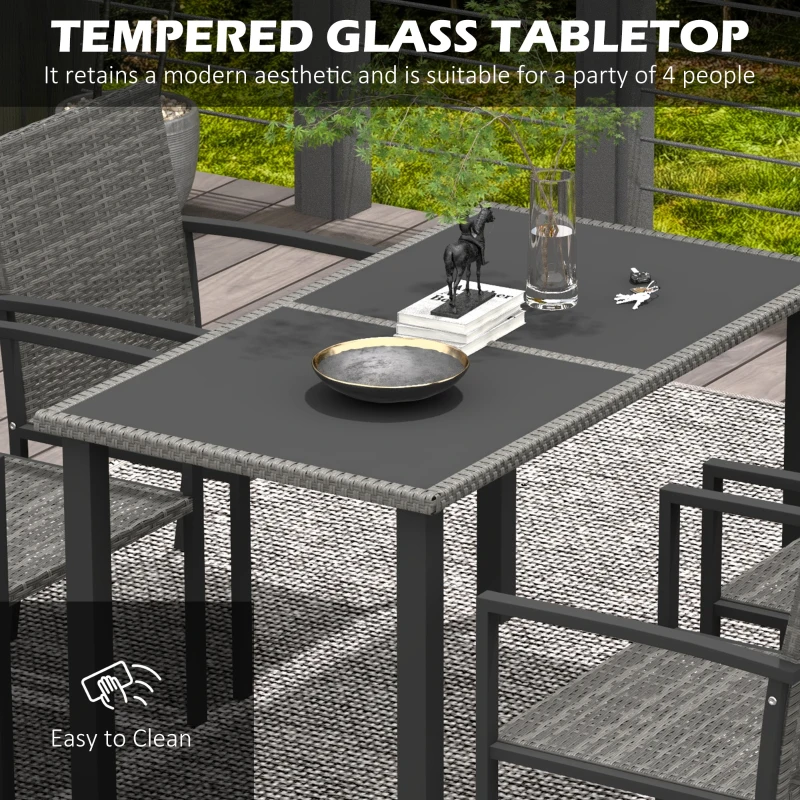 Outsunny Outdoor Dining Set 5 Pieces Patio Conservatory with Tempered Glass Tabletop,4 Dining Chairs - Grey