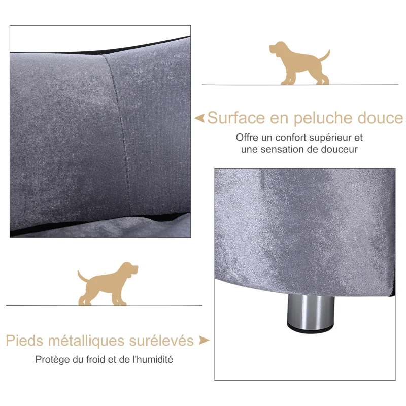 PawHut Canapé chien chat sur pied style  contemporain lit animaux avec accoudoir dossier coussin amovible grand confort + poche rangement revêtement peluche courte 69 x 49 x 38 cm gris
