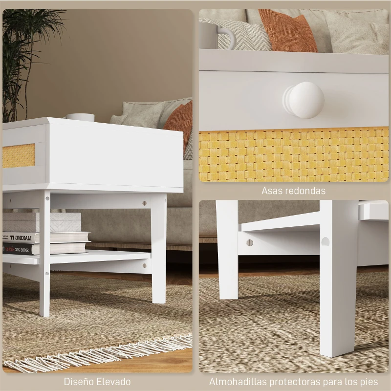 HOMCOM Mesa de Centro Blanca Mesa Baja con 2 Cajones Decorativos de Ratán y Estante de Almacenamiento 100x50x50 cm