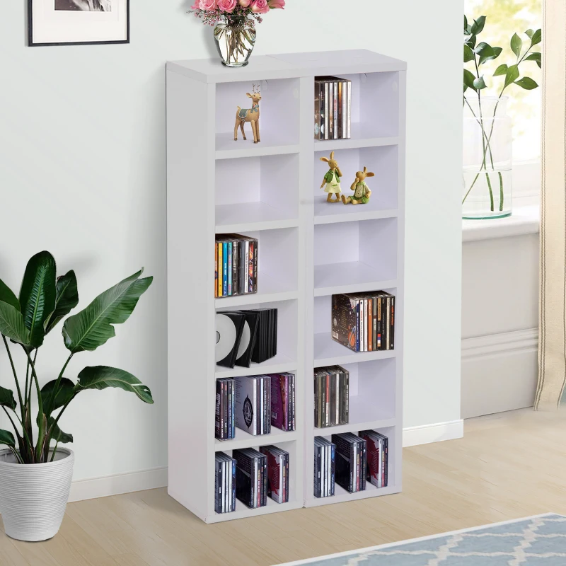 HOMCOM CD-Ständer 2er Set CD-Regal Holzregal Standregal mit 12 offenen Ablagefächern Medienrega Dekoregal Aufbewahrung Weiß 21 x 19,2 x 88,3 cm