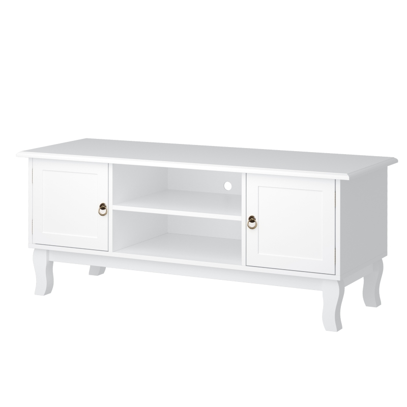 HOMCOM TV Lowboard Fernsehtisch mit 2 Regale und 2 Schränke Fernsehschrank Holzfüße für Fernseher bis zu 50" Wohnzimmer MDF Weiß 120x45x50,5 cm