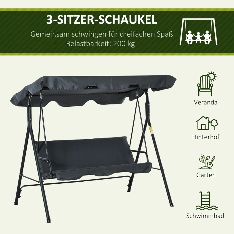 Outsunny Hollywoodschaukel, Gartenschaukel, bis 3 Personen, bis 200 kg, wetterbeständig, Grau+Schwarz