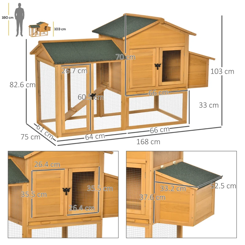 PawHut Chicken Coop with Run Small Animal Hen House Outdoor Poultry Coops Cages Nesting Box Slide-out Tray Asphalt Roof Lockable Door 168 x 75 x 103cm