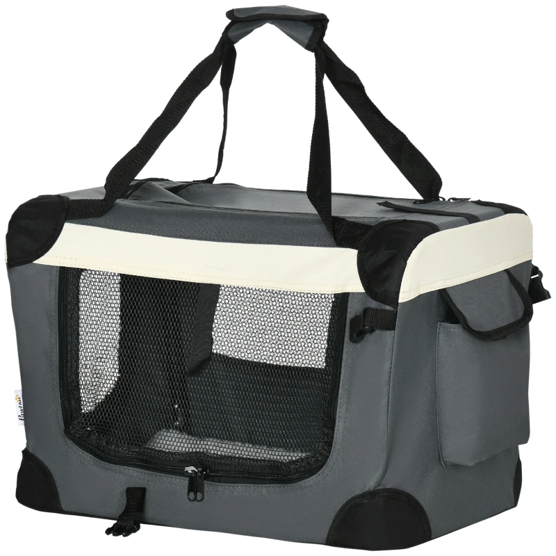 PawHut Trasportino per Cani Toy e Gatti fino 4kg Pieghevole con 3 Aperture e Cuscino, 50.5x33.5x35cm, Grigio