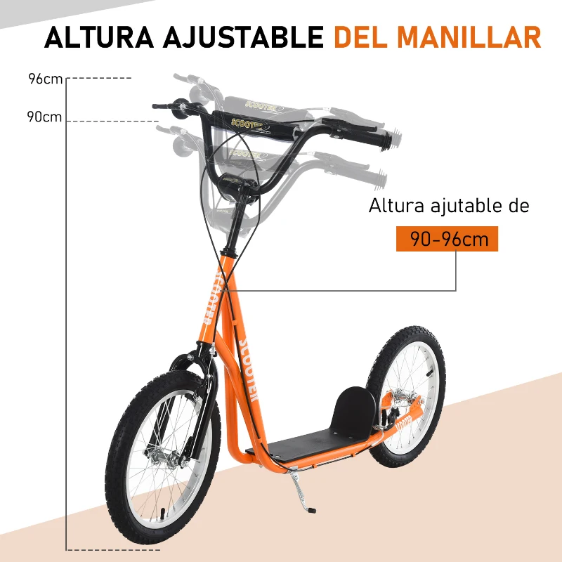 HOMCOM Scooter Patinete para Niños +5 Años y Adolescentes con Manillar Ajustable en Altura 2 Neumáticos de Caucho Inflable con Doble Freno y Ruedas 16" Carga 100 kg 139x58x90-96 cm Naranja