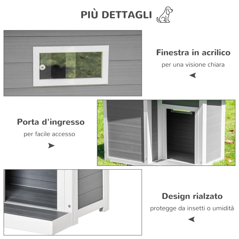 PawHut Casetta per Cani da Esterno con Porta e Terrazza, Cuccia per Cani di Taglia Media, Tetto Apribile e Finestra, Grigio