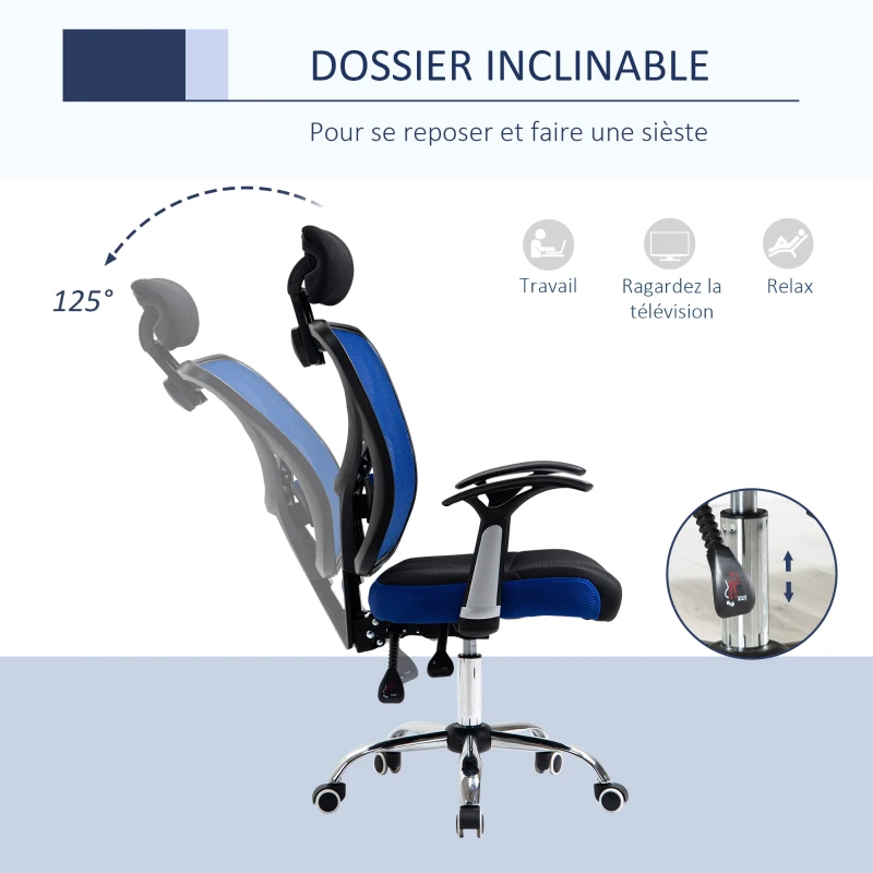 Vinsetto Chaise de bureau, fauteuil de bureau ergonomique en maille avec hauteur et appui-tête réglable, dossier inclinable et support lombaire, pour chambre, télétravail, charge 120 Kg, noir et bleu