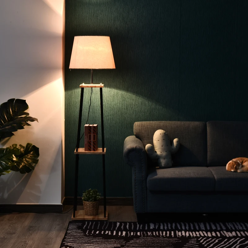 HOMCOM Leuchtständer mit 3 Regalen, Stehlampe, Kiefernholz, Leinen, Metall, Natur, Schwarz, Beige, 40 x 40 x 160 cm