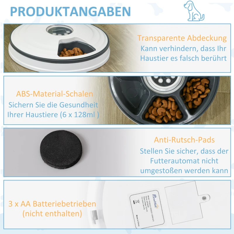 PawHut Futterautomat Katze Nassfutter Katzenfutter mit LED-Display, Programmierbarem Timer, 6 Futter-Fächer für je 70 g Trockenfutter 4 Mahlzeiten Automatischer Futterspender für Hunde Katzen