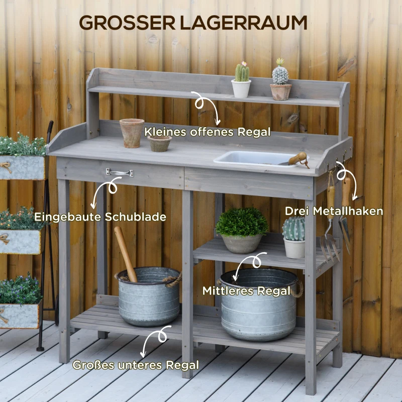 Outsunny Pflanztisch Gärtnertisch Blumentisch mit Wanne Garten Tannenholz Grau 117 x 45 x 121 cm