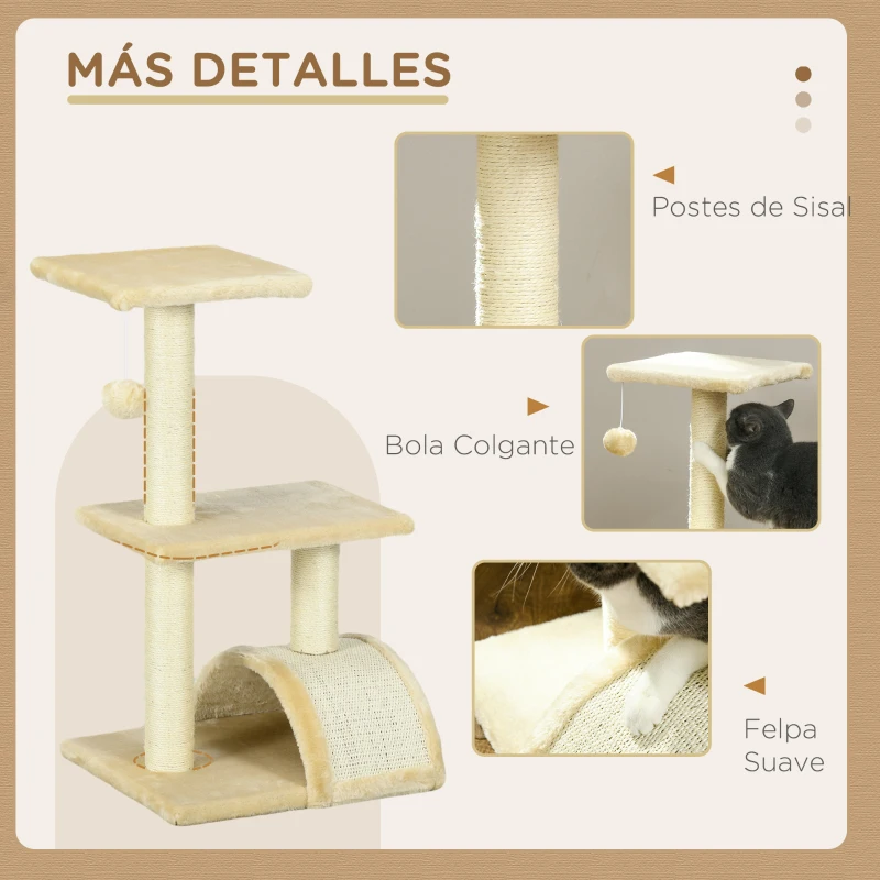 PawHut Árbol para Gatos de 3 Niveles Torre para Gatos con Postes de Sisal Tablero para Rascar y Bola Colgante Crema